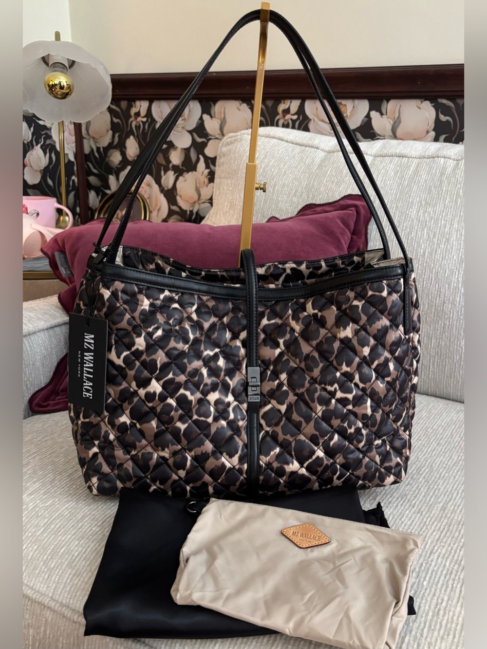 MZ Wallace Astor Quilted East West Slouchy Tote Leopard Print Nylon NWT